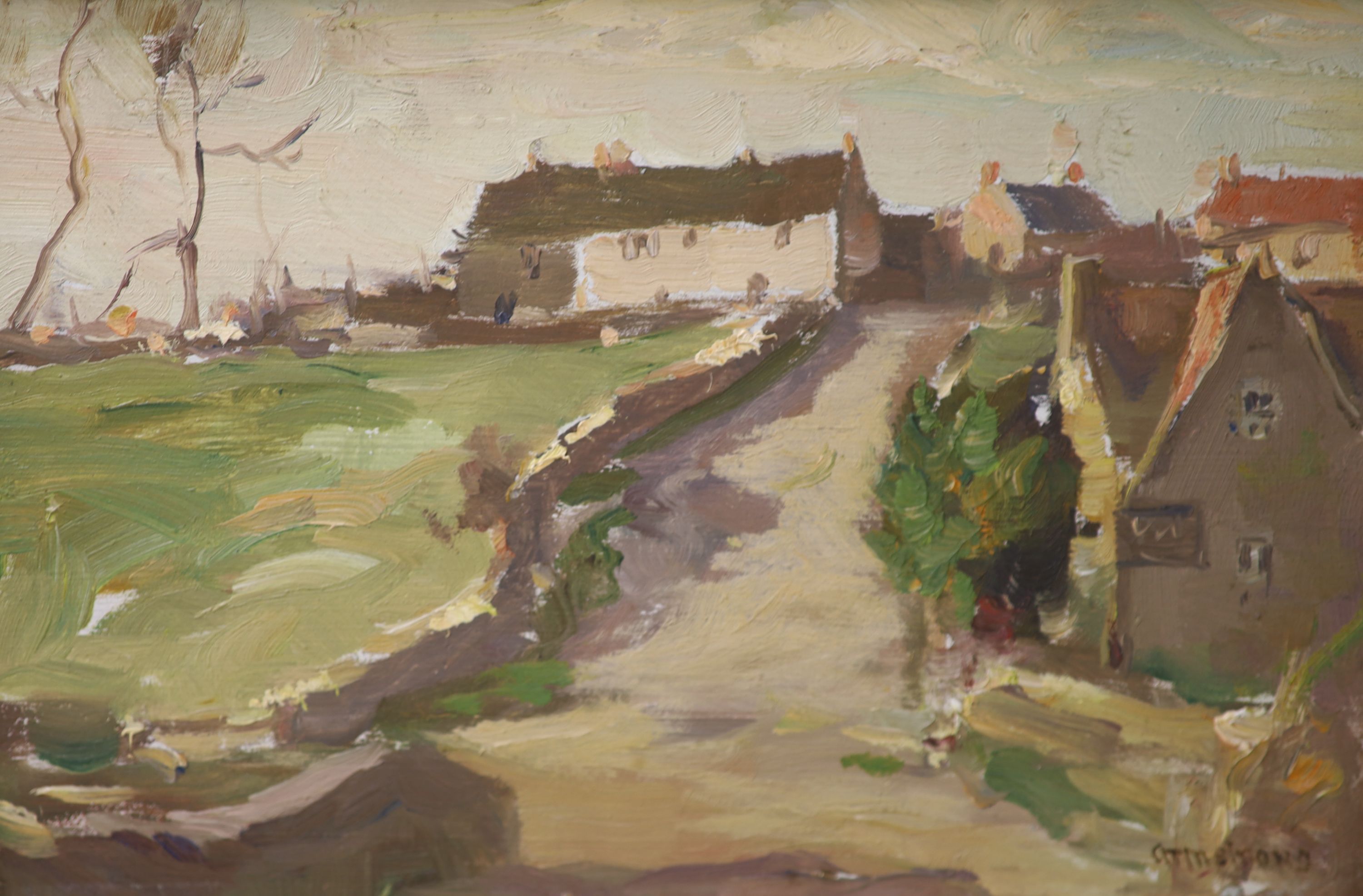 Elizabeth Armstrong, oil on board, Hillside cottages, signed, 17 x 25cm